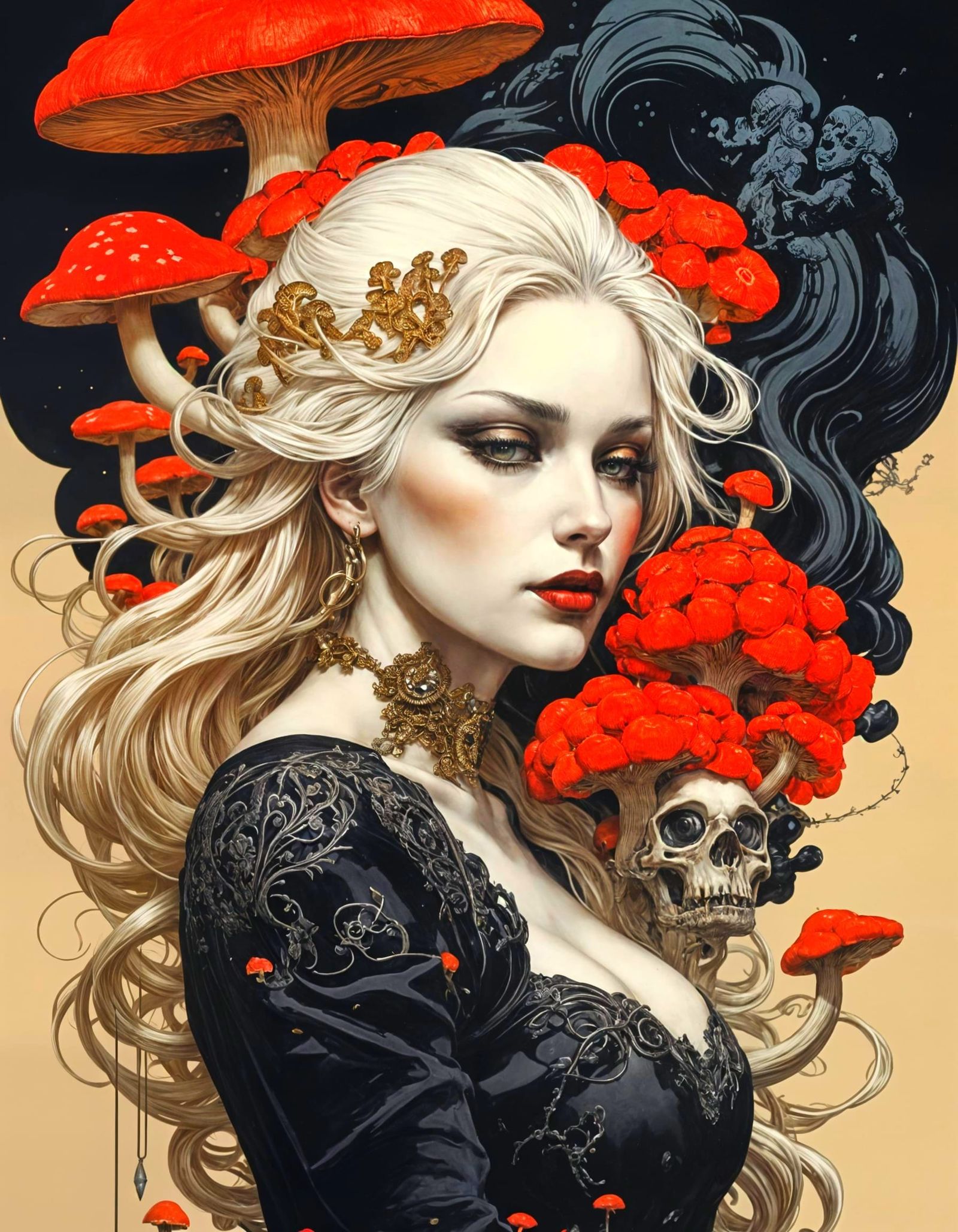 Fantastical Mushroom Warrior in Dark Ornate Attire