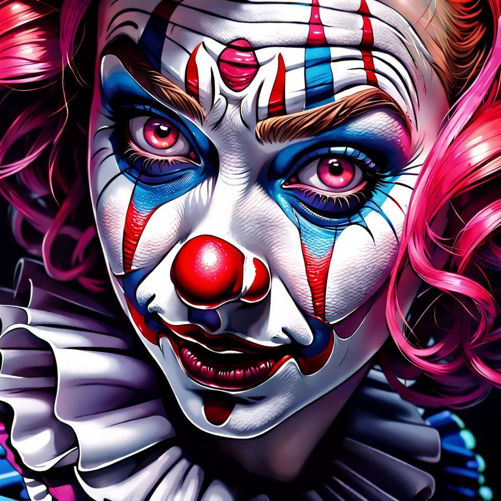 Clown Girl Horror Makeup: Detailed Pen Drawing