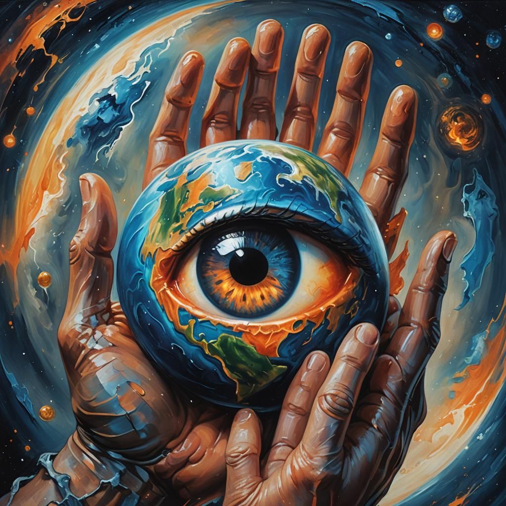 Giant Hand Holds Earth with Crying Eye: Surreal Oil Painting