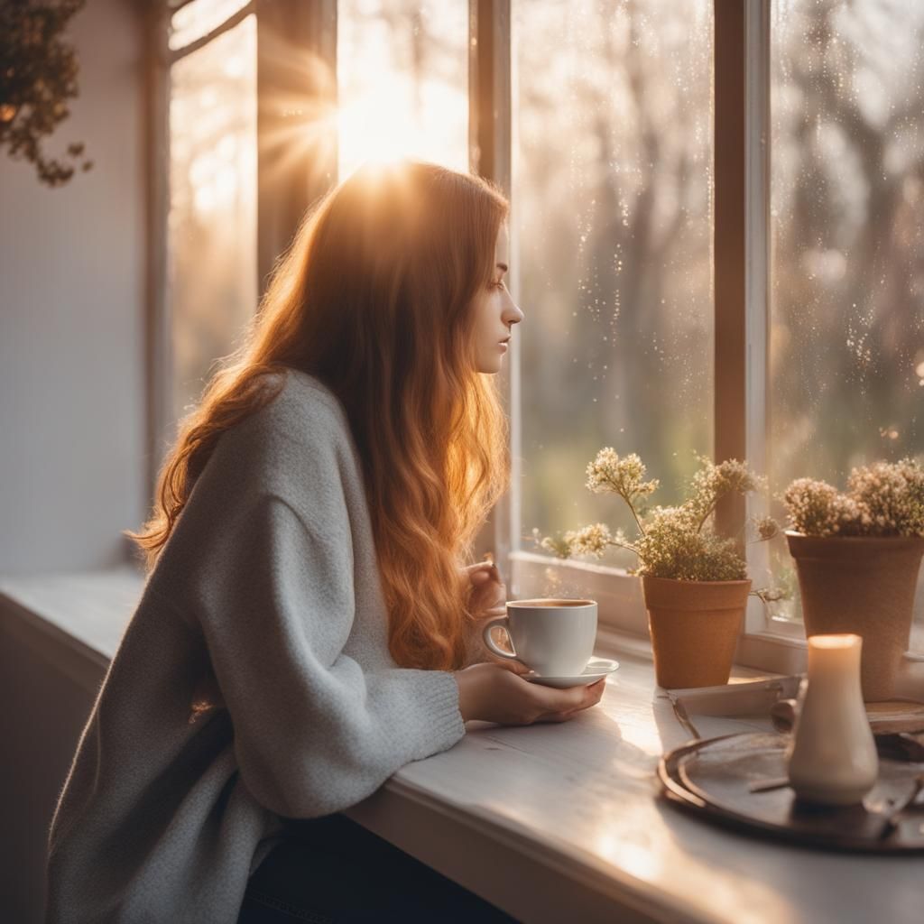 Spring Girl at Dawn with Coffee