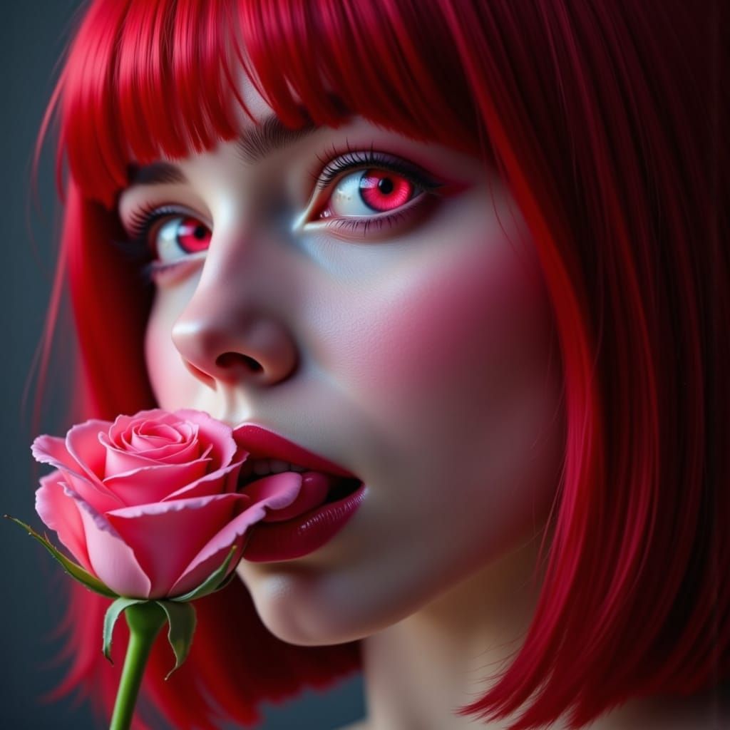 Macro Fantasy Portrait: Woman With Pink Rose Lips