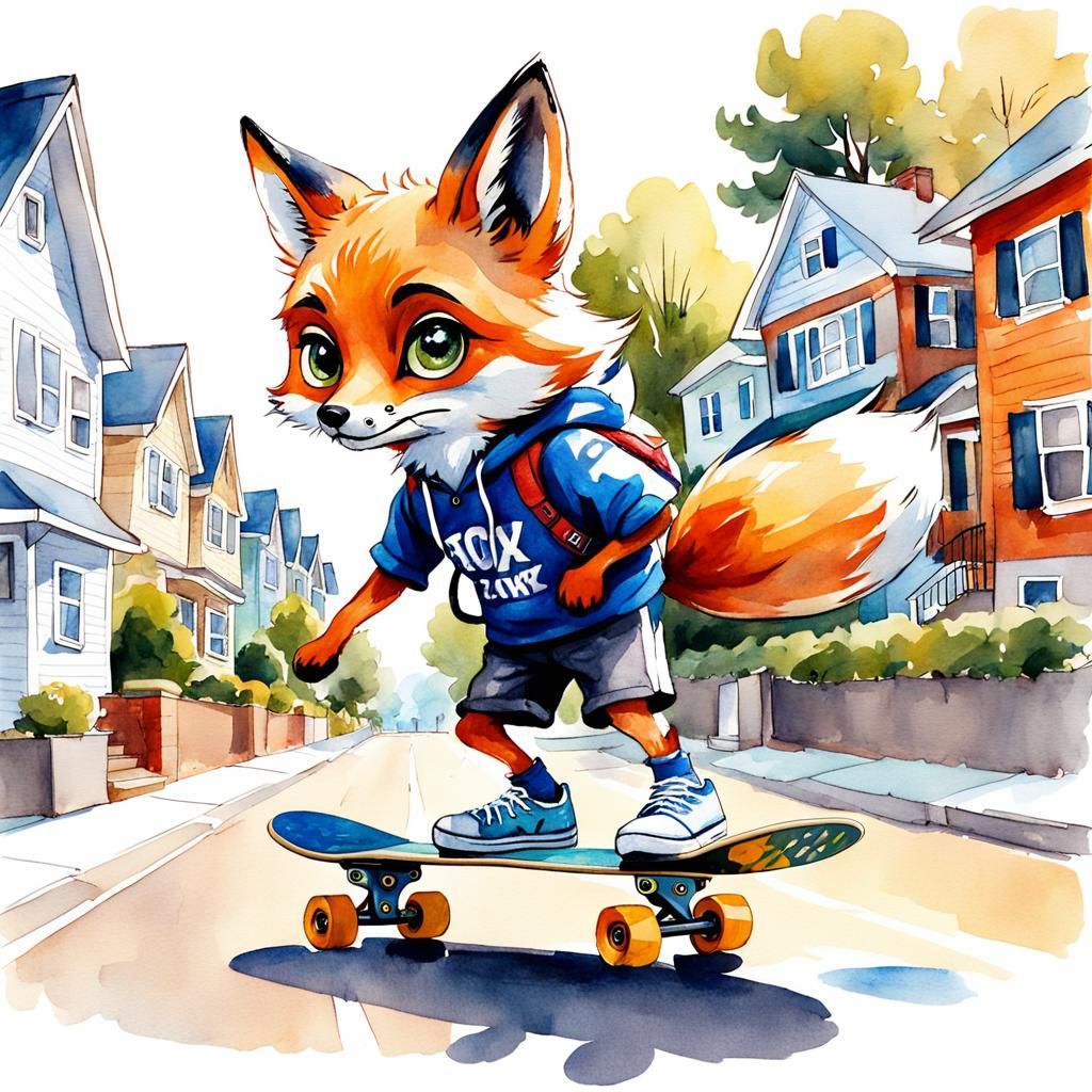 Fox on Skateboard Watercolor Sketch by Gurney