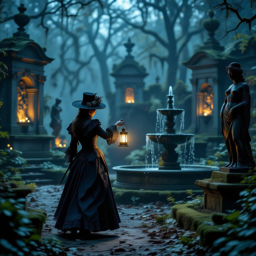 Mystical Garden at Dusk: Statues Come to Life