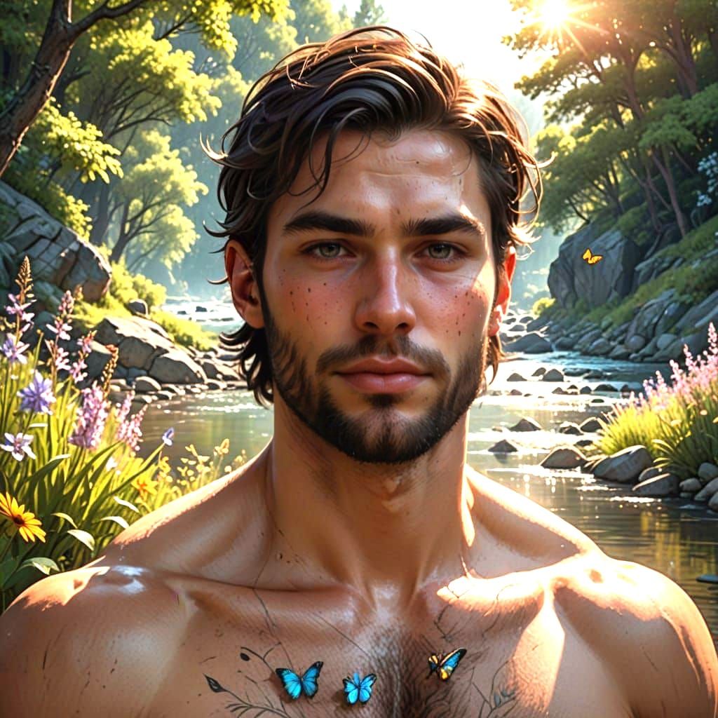Stunning Man Stands by Crystal River in Vibrant Landscape