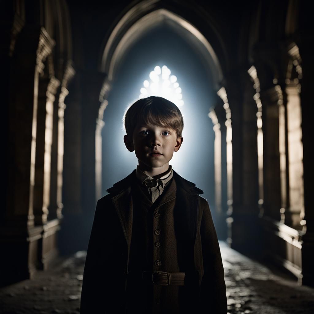 Victorian Orphan in Eerie Cathedral Moonlight