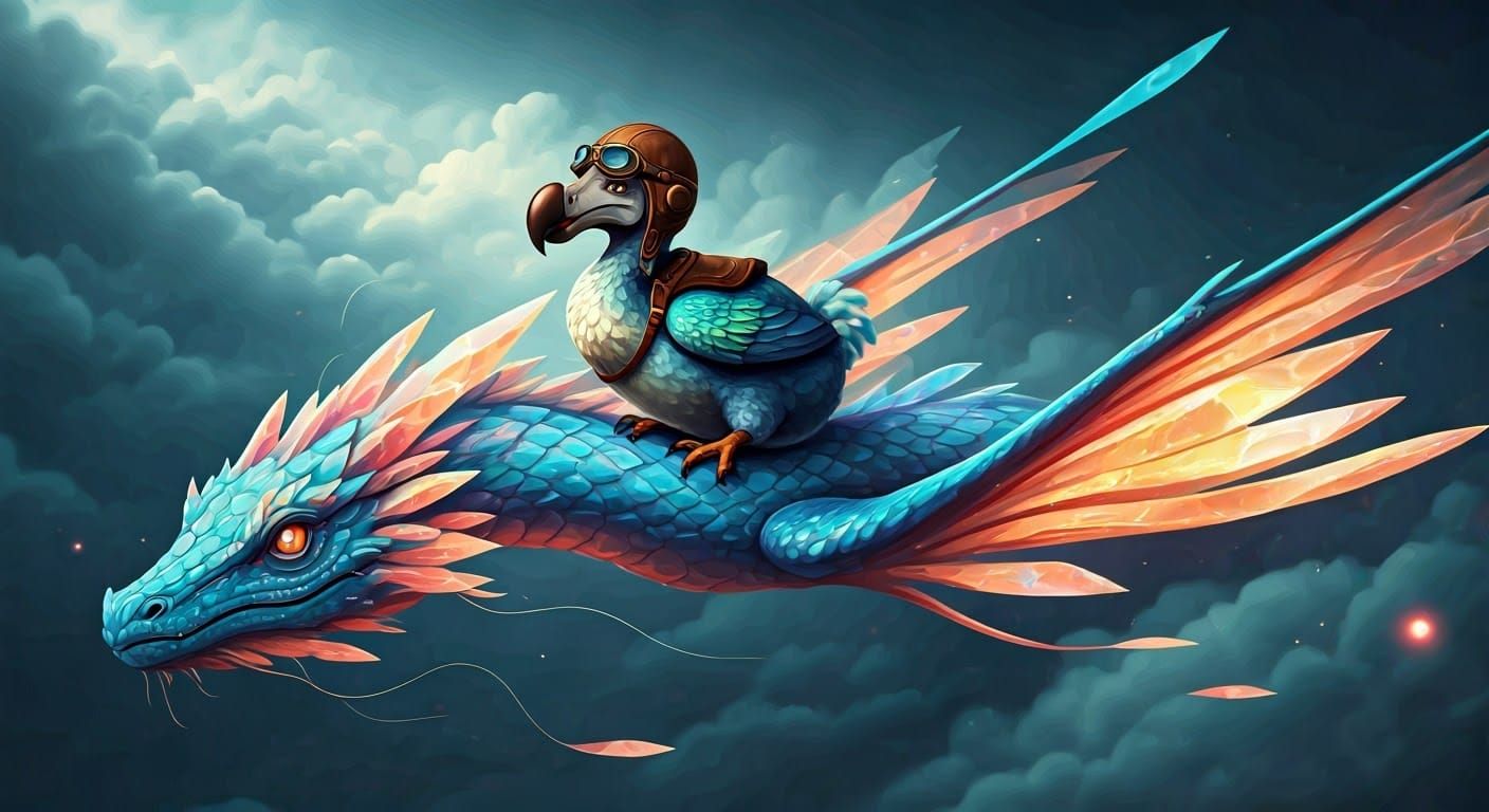 Majestic Dodo Soars on Crystal Serpent Through Enchanted Clo...