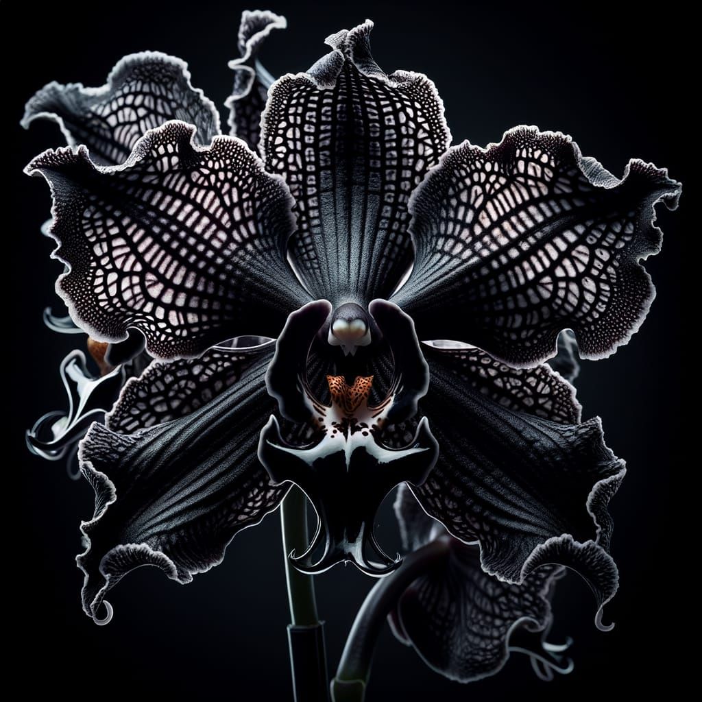 A black Dracula orchid, known for its dark, almost mystical ...