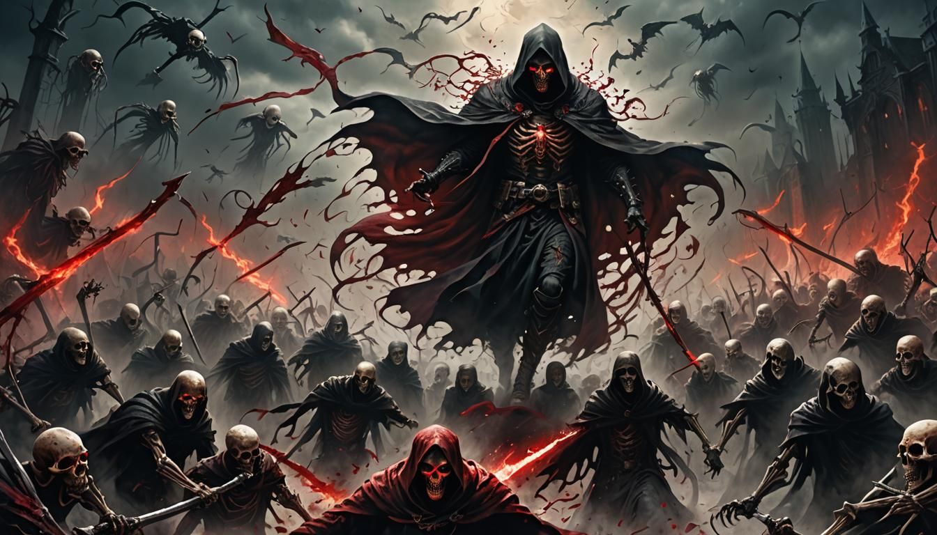 Crimson Reaper in Sea of Skeletons: Dark Fantasy Art