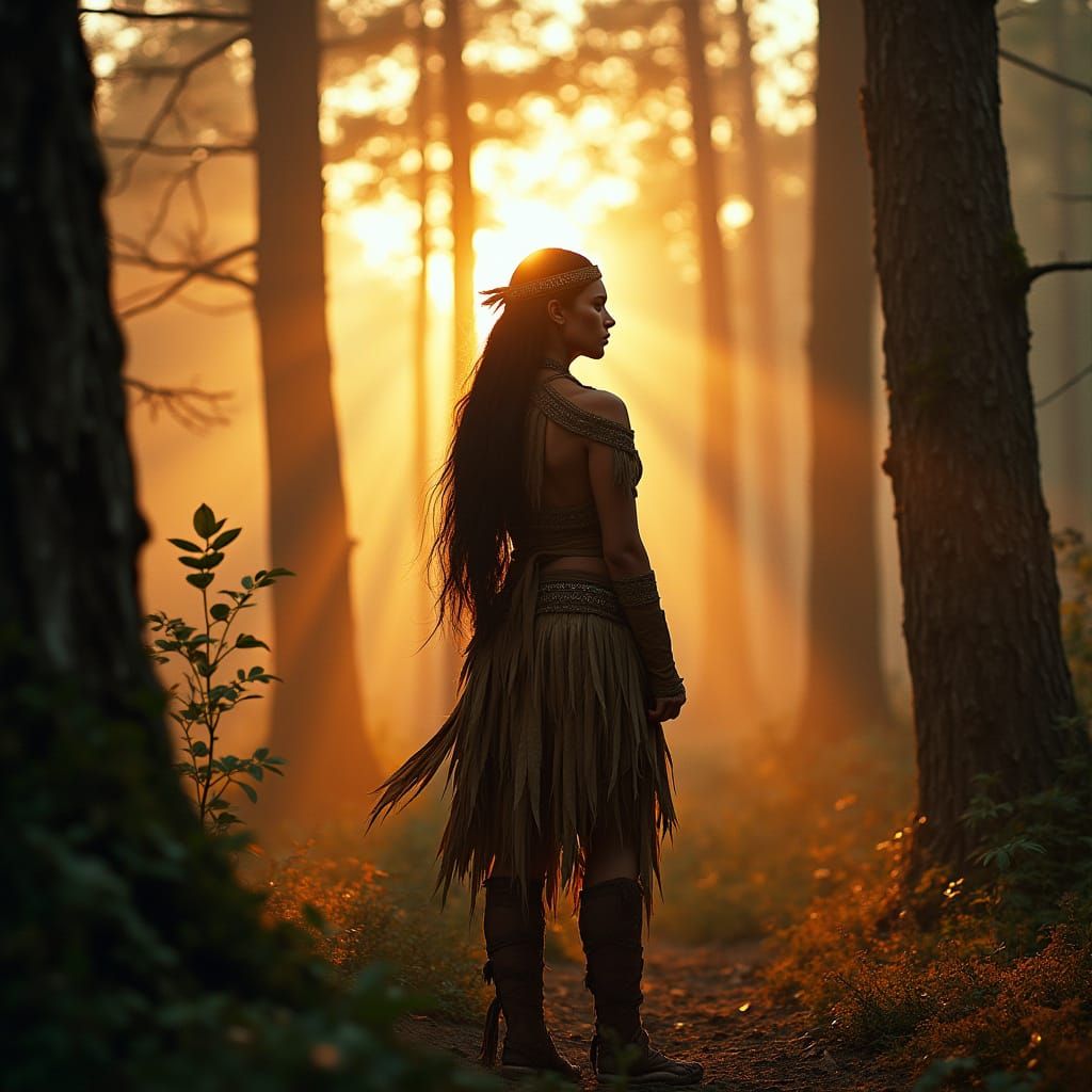 Serene Pocahontas in Earth-Toned Deerskin Amidst Autumnal Fo...