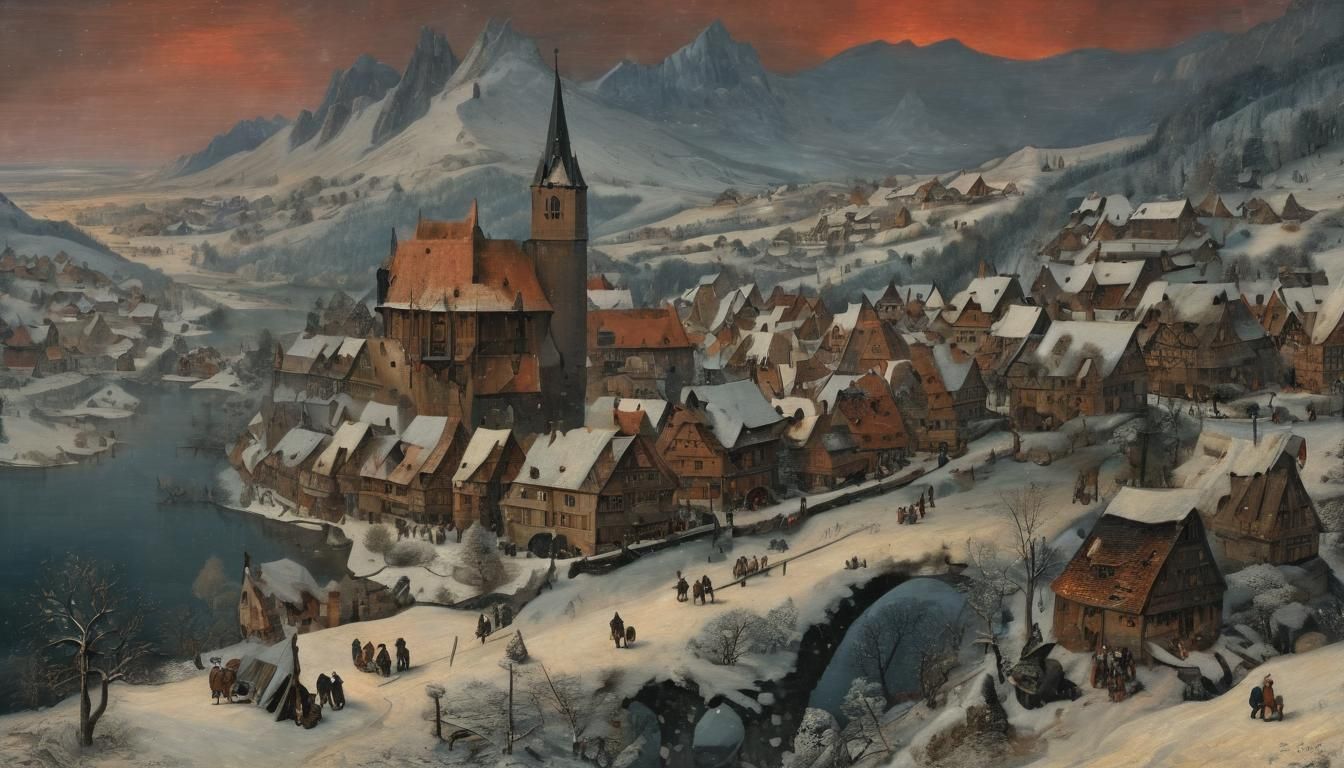 Stormy Twilight Over Alpine Village in Renaissance Style