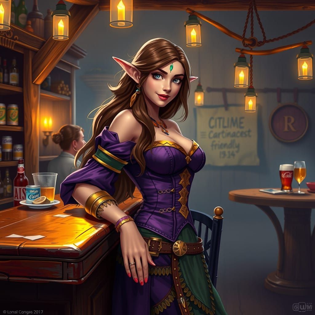 Friendly Tavern Elf Barmaid in Elegant Purple and Gold Corse...