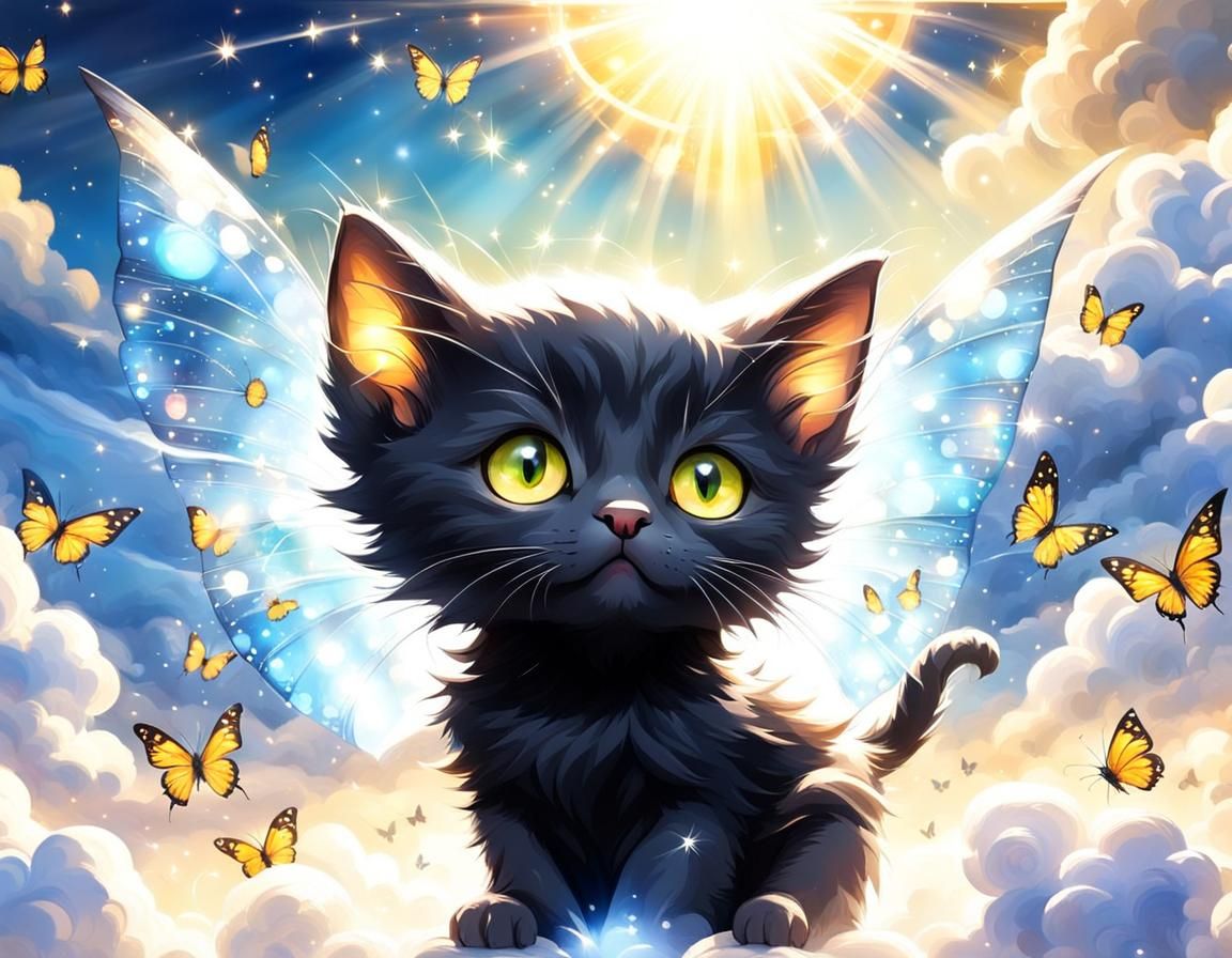 Sweet Black Kitten in a Tranquil Celestial Scene
