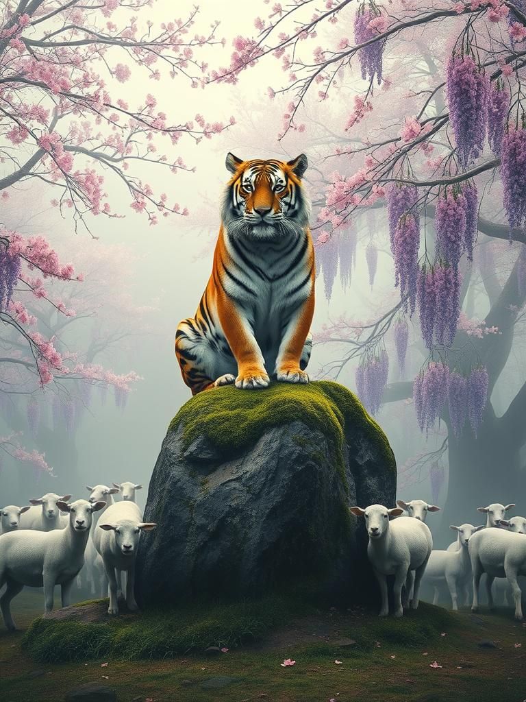 Tiger and Sheep in Double Exposure Fantasy Art