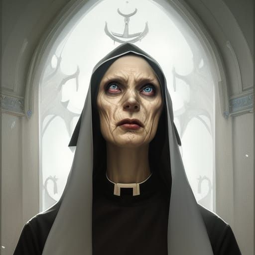 Terrifying Evil Nun Portrait in Hyperdetailed Style