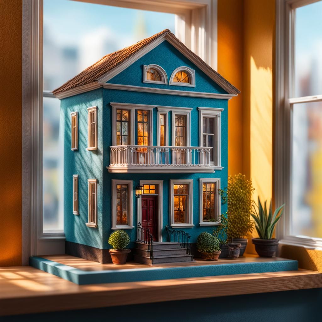Hyperrealistic Miniature House on Window Shelf