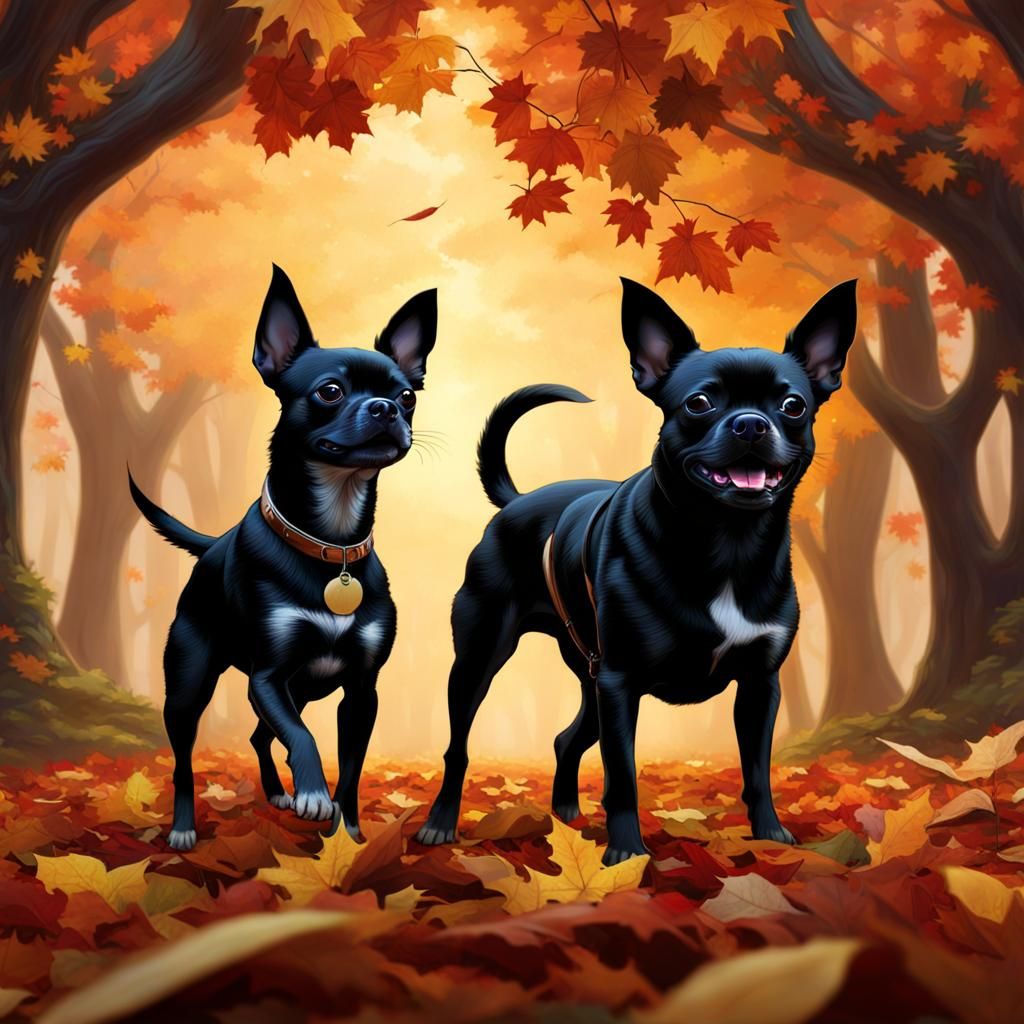 Chihuahua and Terrier Dance in Autumn Leaves