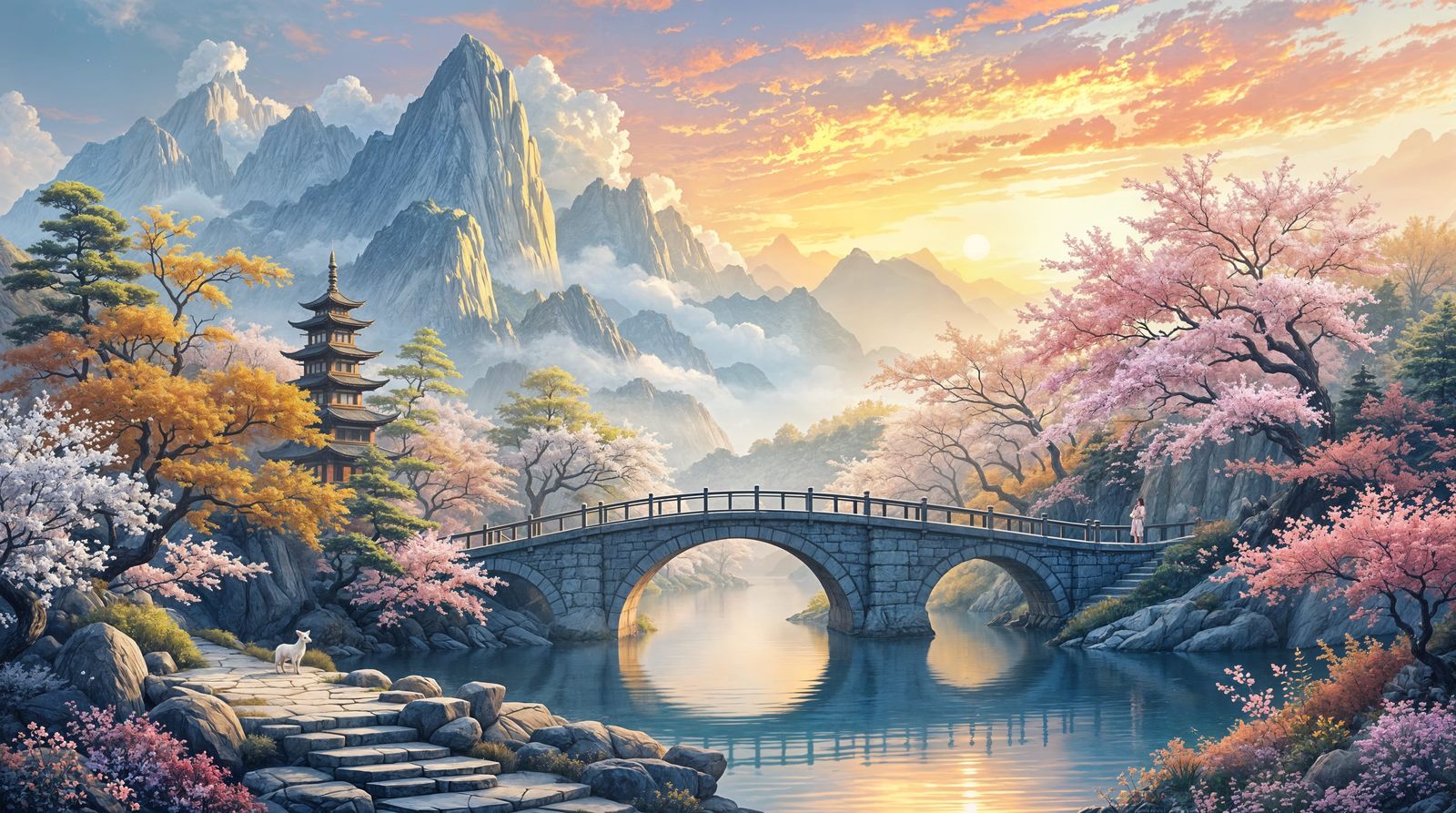 East Asian-Inspired Landscape with Golden Bridge and Blossom...