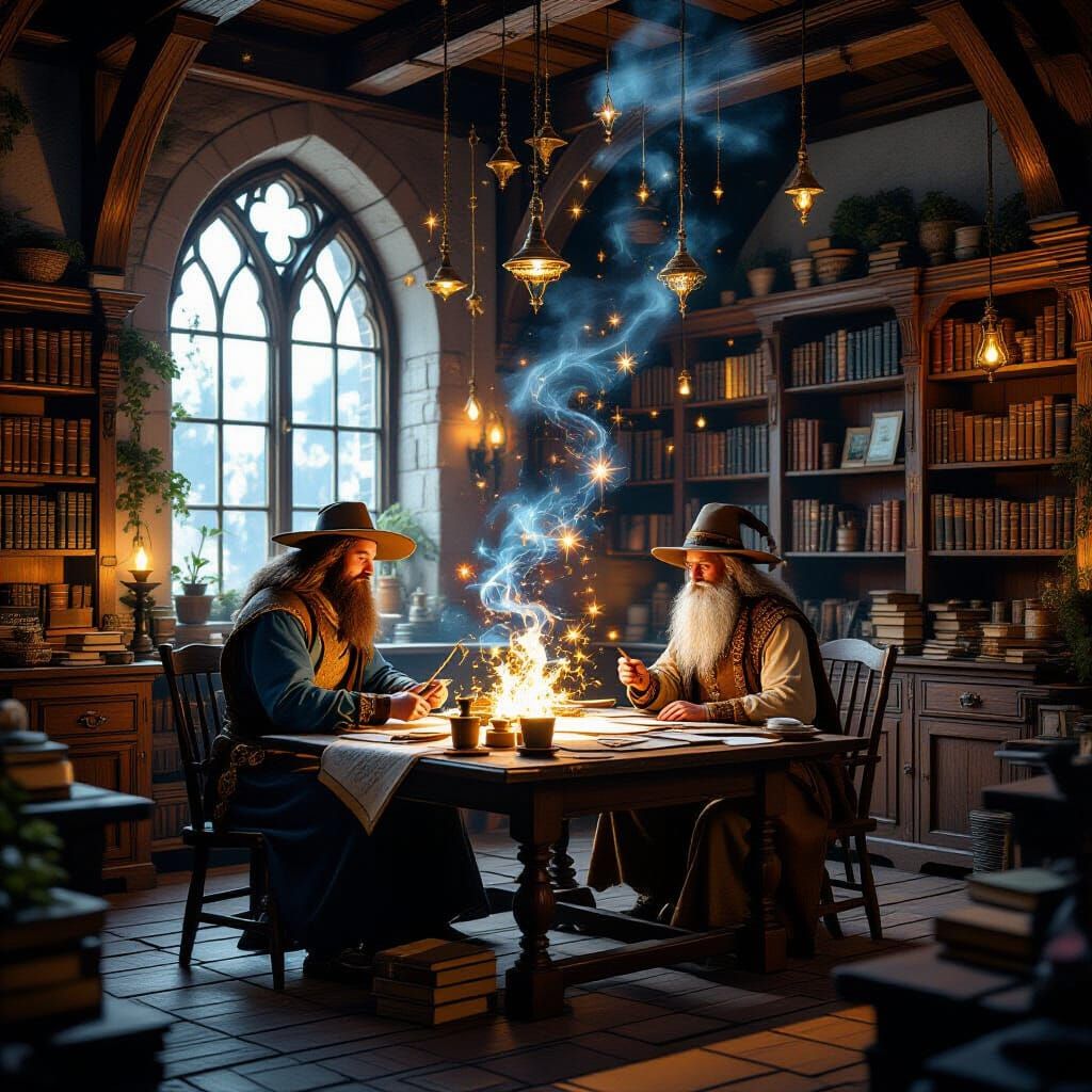 Magical Workshop with Floating Tools and Glowing Herbs