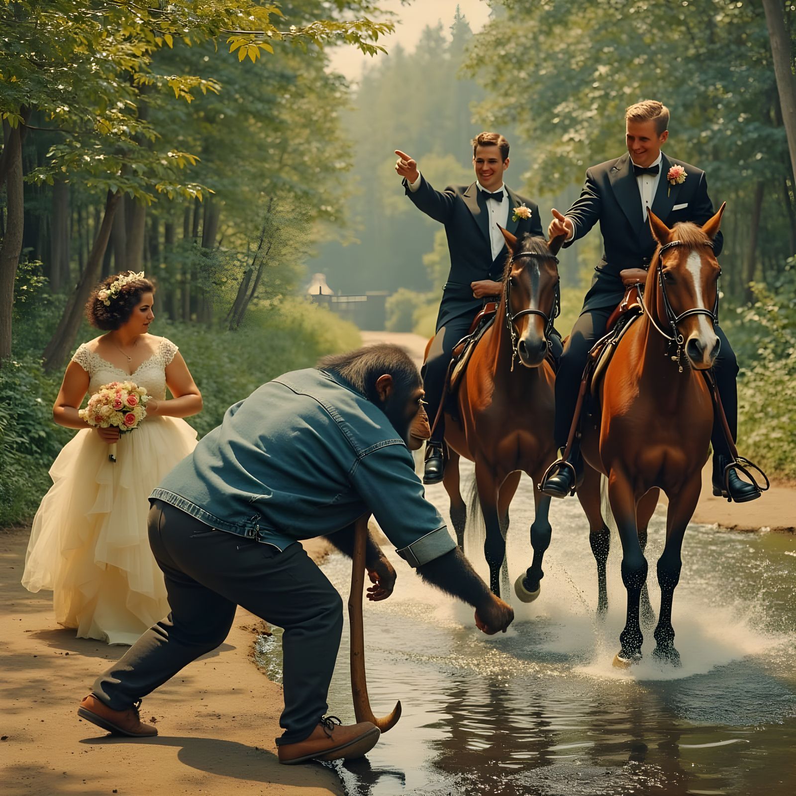 Chimpanzee in Semi Wooded Urban Forest Drinks from River