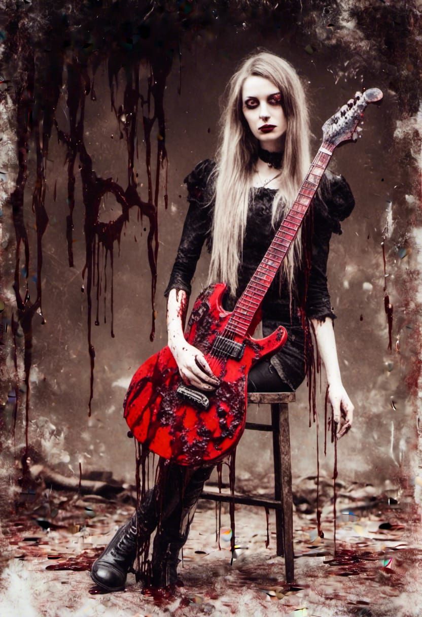 Gothic Girl with Melting Guitar in Surreal Style