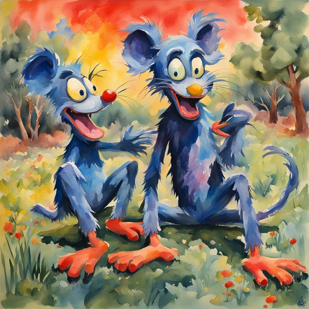 Itchy and Scratchy in Gouache Watercolor Style