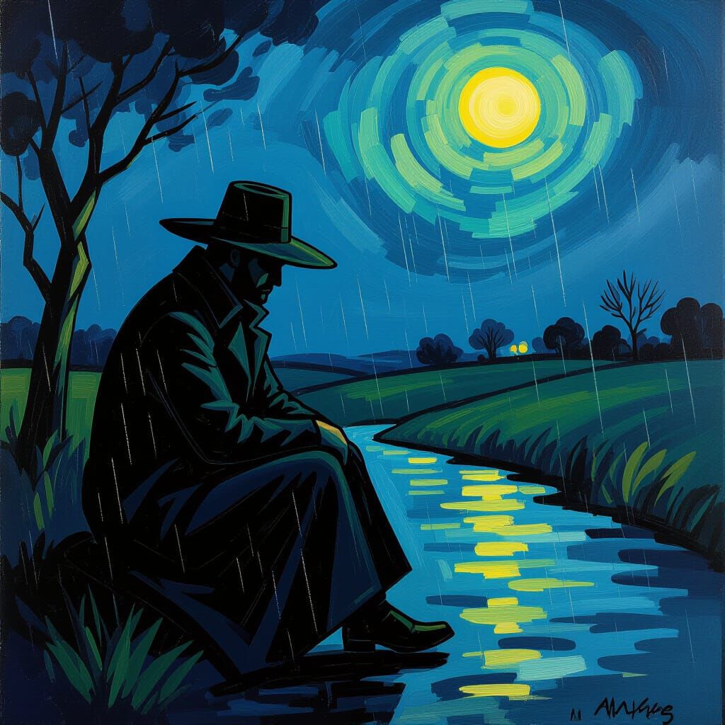Melancholic Figure in Rainy Landscape as Impasto Painting
