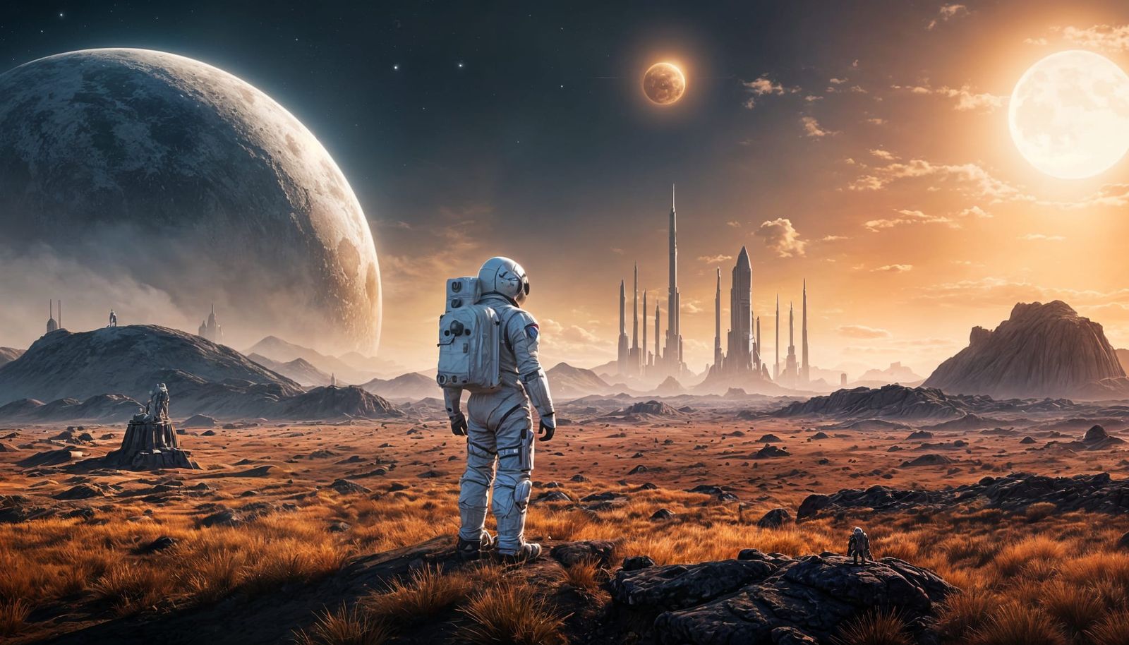 Brave Astronaut on Distant Moon with Twin Suns