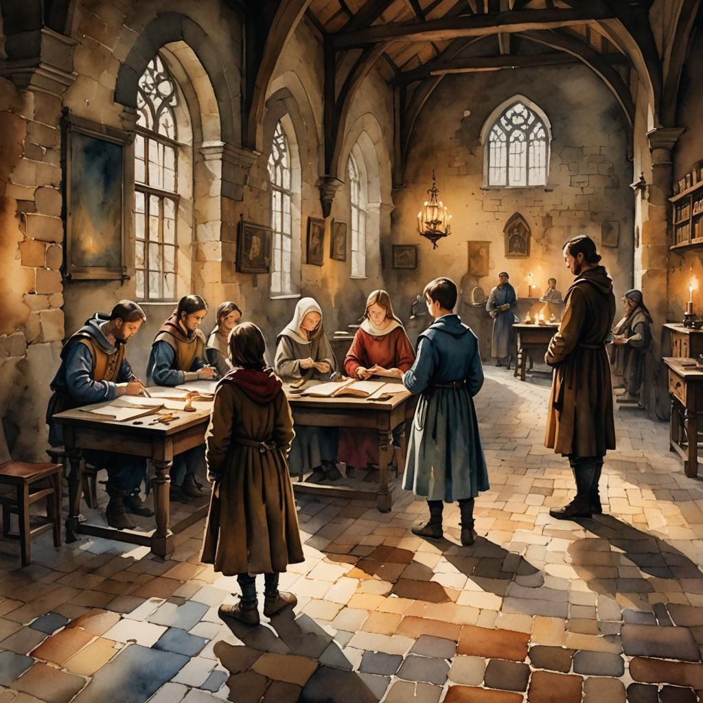 Medieval Classroom in Watercolor Style