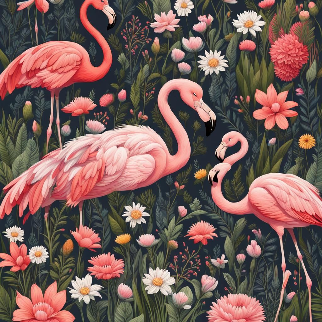 Flower Meadow with Flamingo and Winged Girl