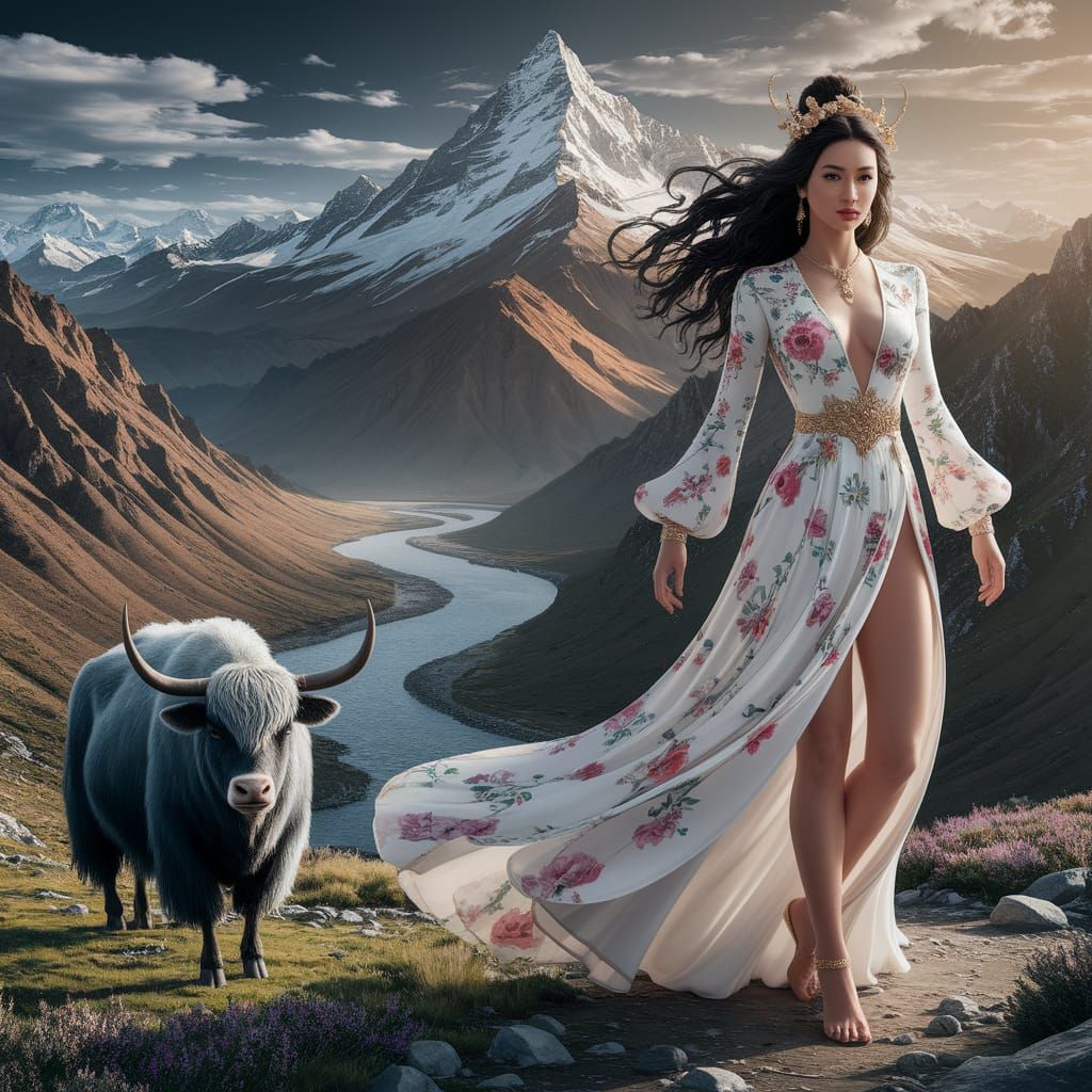 Asian Goddess on Mountaintop with Yak