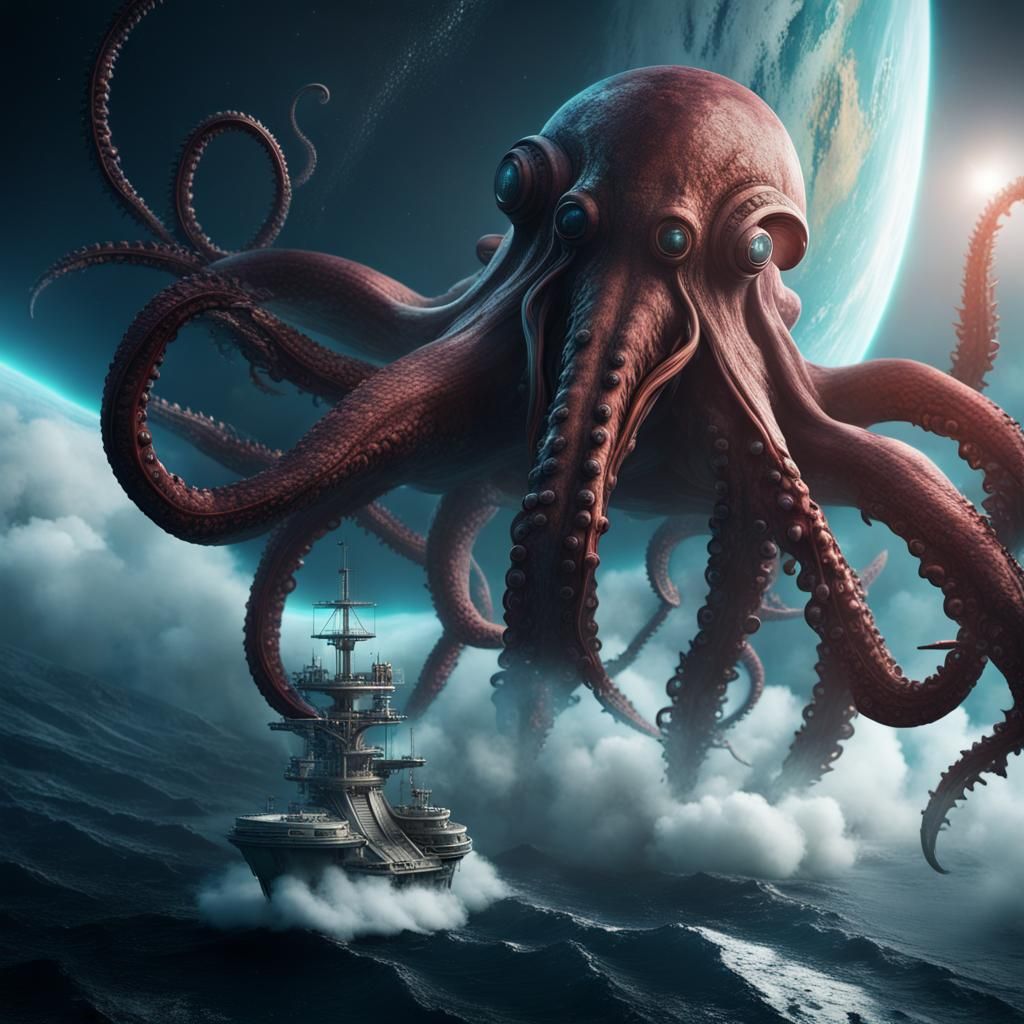 Kraken Attacks Spaceship: Surreal Fantasy Concept Art