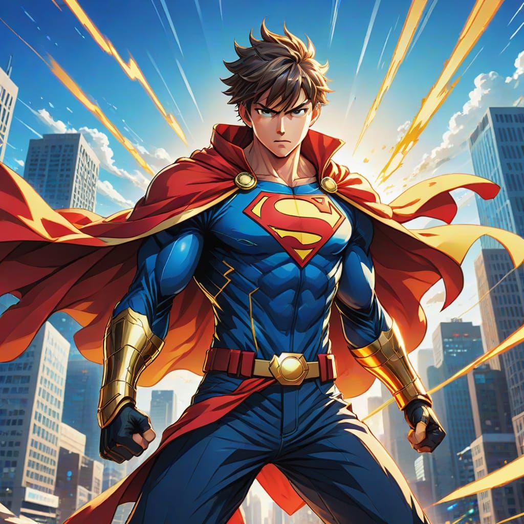 Dynamic Manga Hero in Cityscape with Bold Action Lines