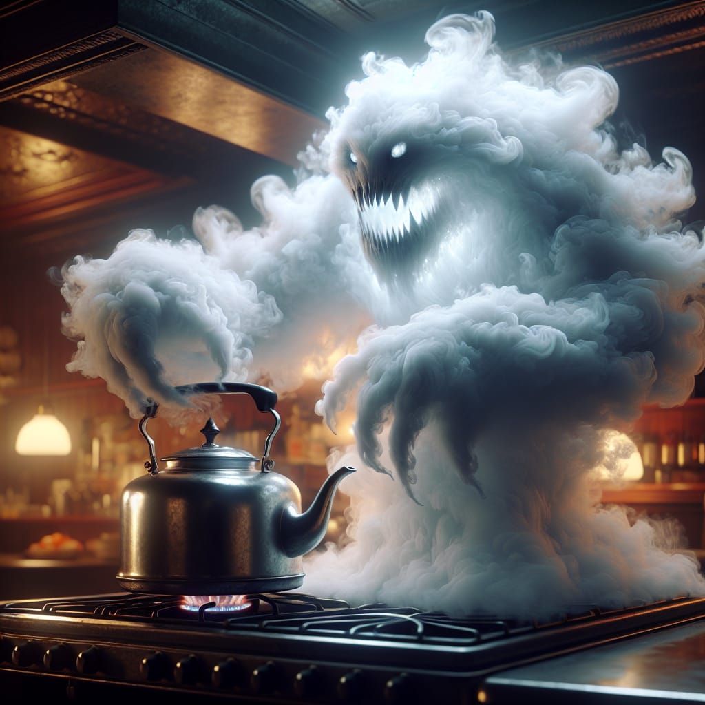 Eerie Spectral Creature Emerging from Tea Kettle