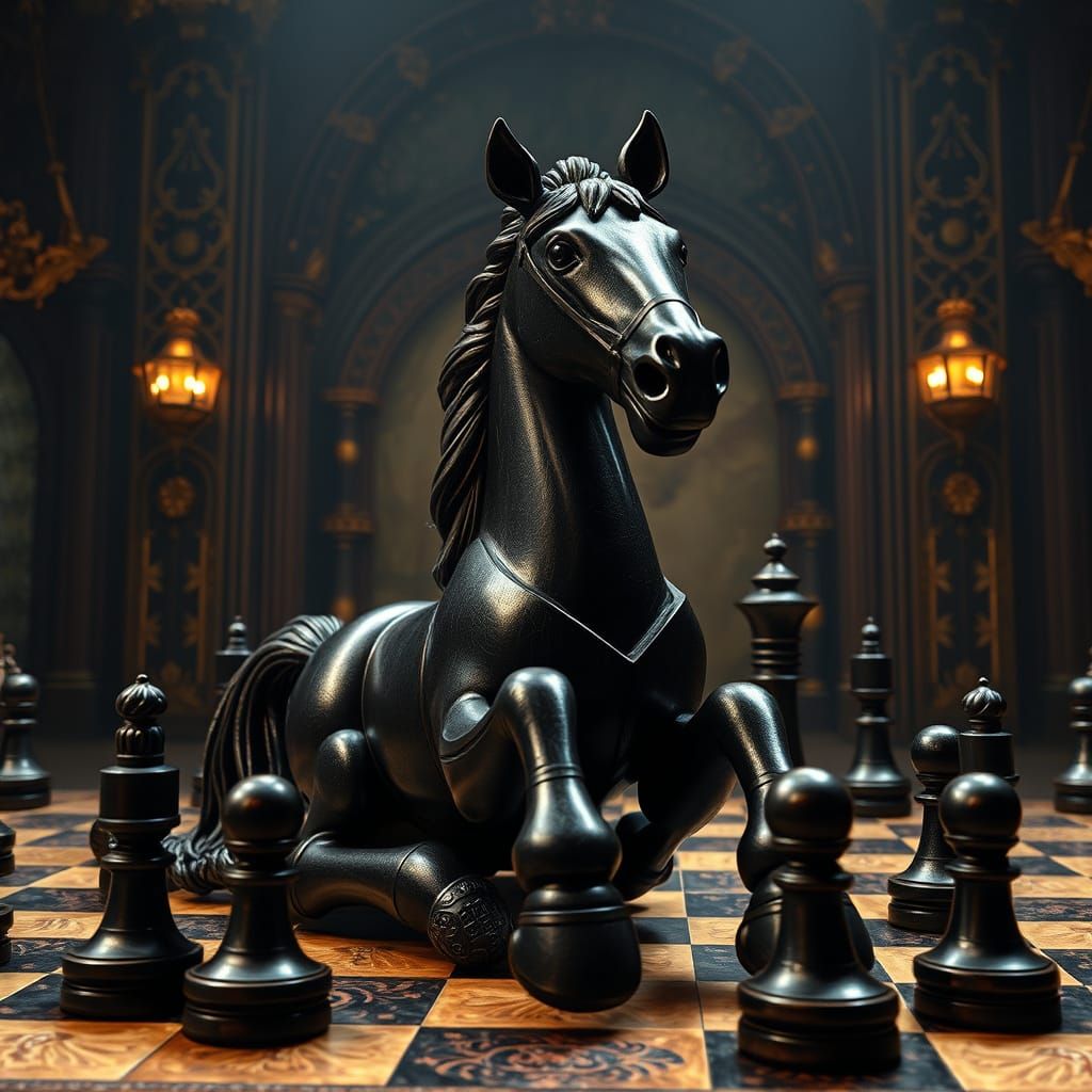 Regal Wooden Horse Surveys Chessboard Kingdom