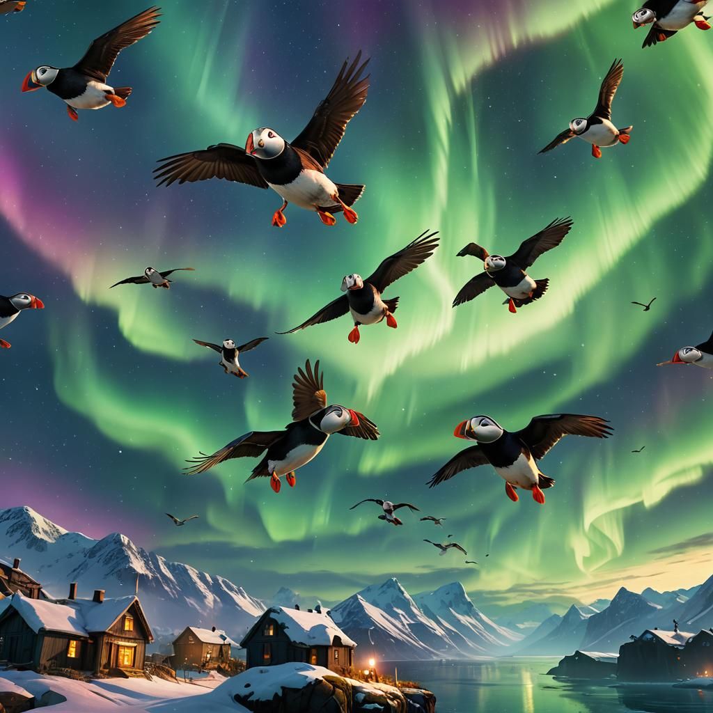 Puffins Flying Under Northern Lights, Fantasy Concept Art