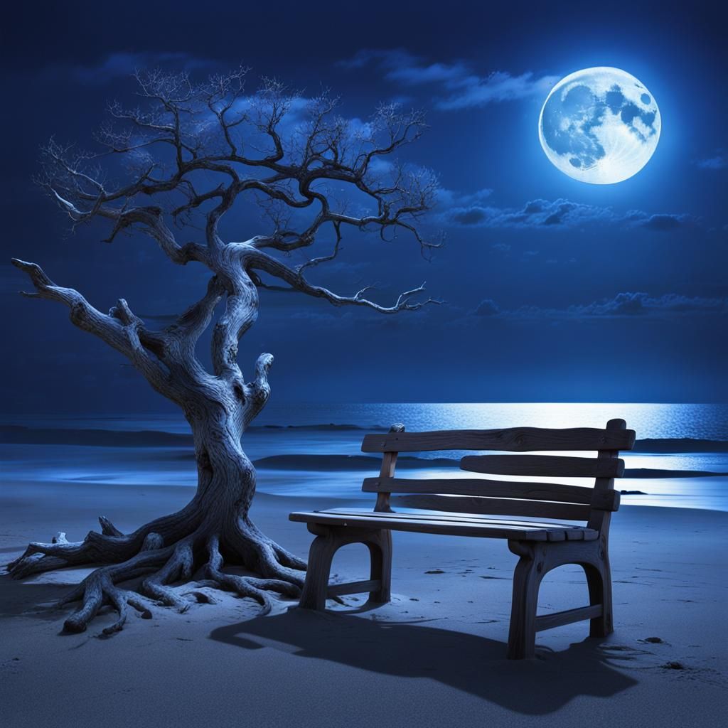 Surreal Beach Bench Under Moonlight