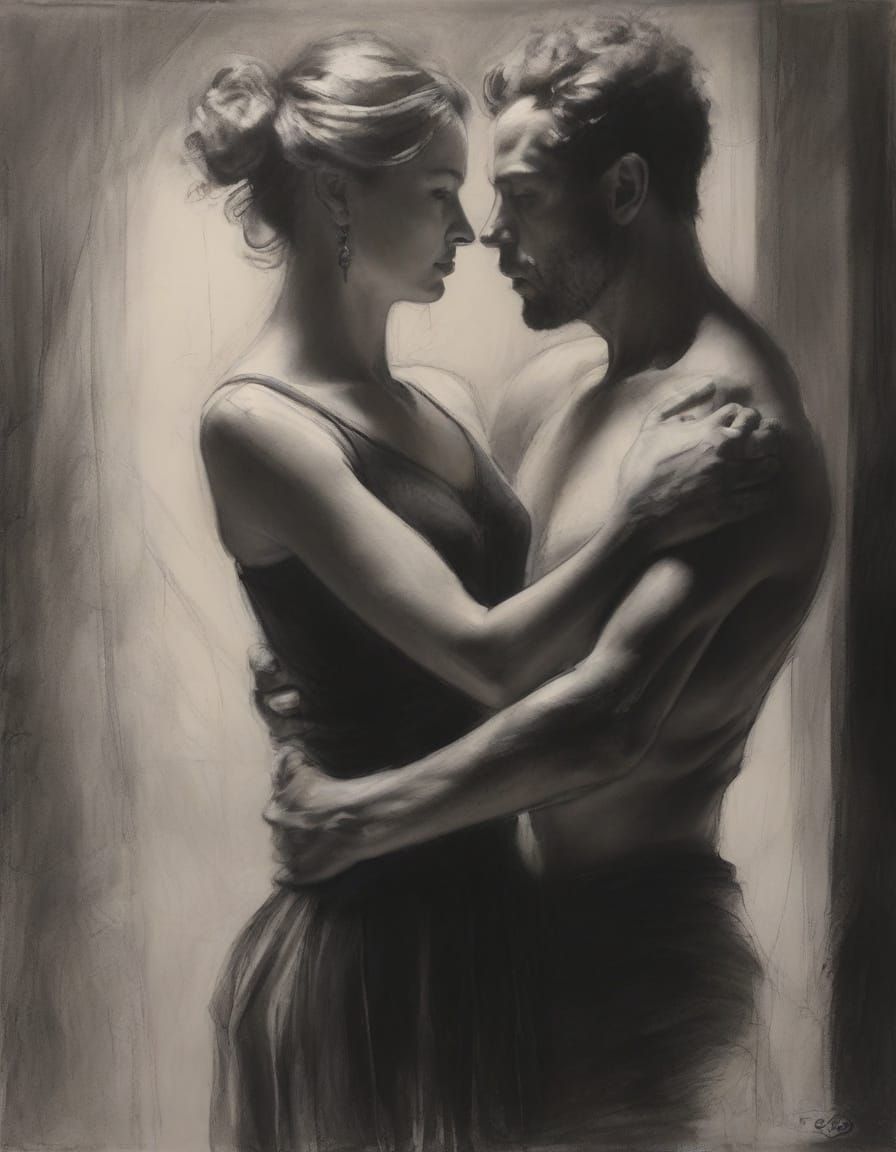 Charcoal Drawing of Dancers in Studio