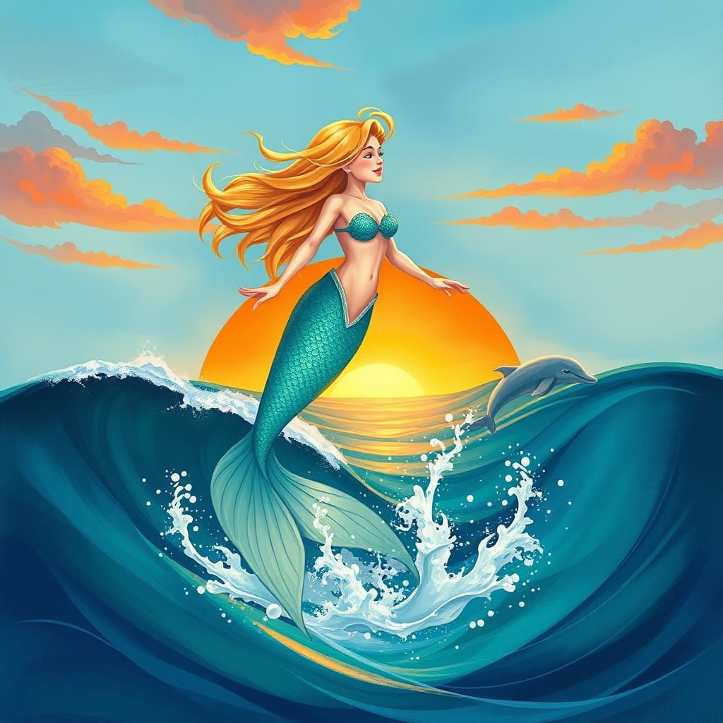 Mermaid and Dolphin Leap at Sunset: Dreamy Watercolor Style