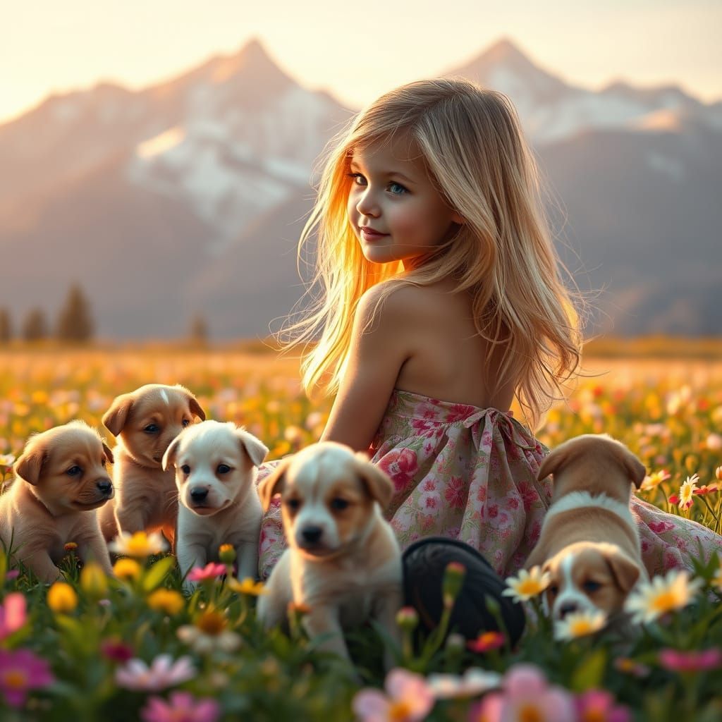 Girl in Flower Field with Mountain Sunset