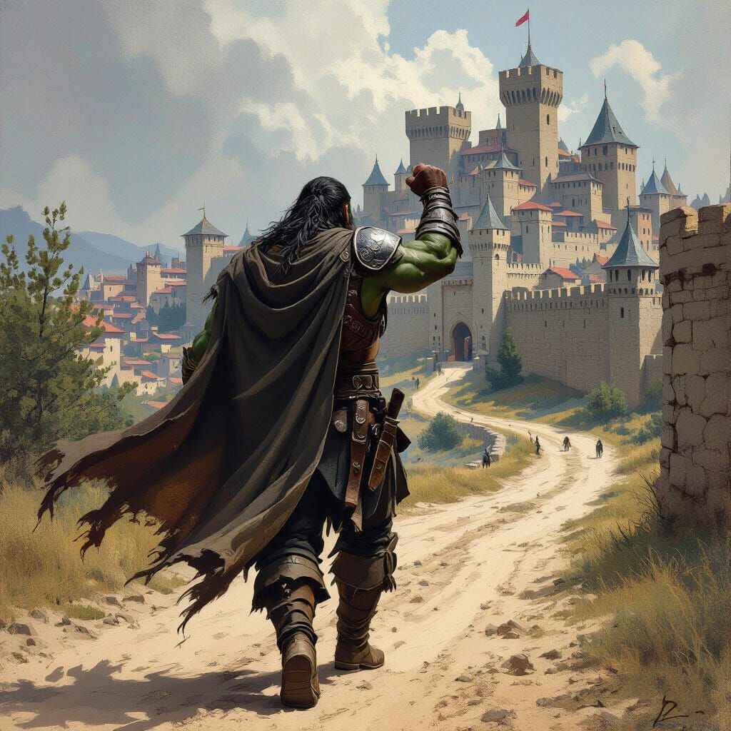 Half-Orc Journey to Medieval City, Gritty Fantasy Art