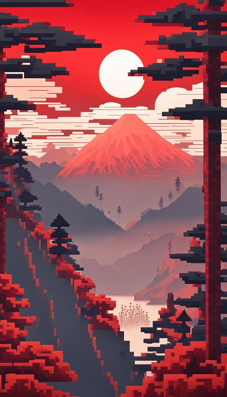 Ukiyo-e Vaporwave Landscape with Minecraft Steve