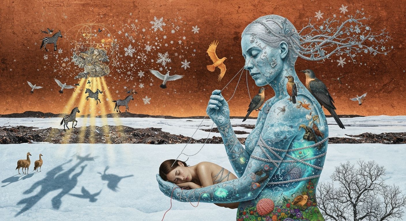 Dreamlike Winter Transformation in Surreal Collage Style
