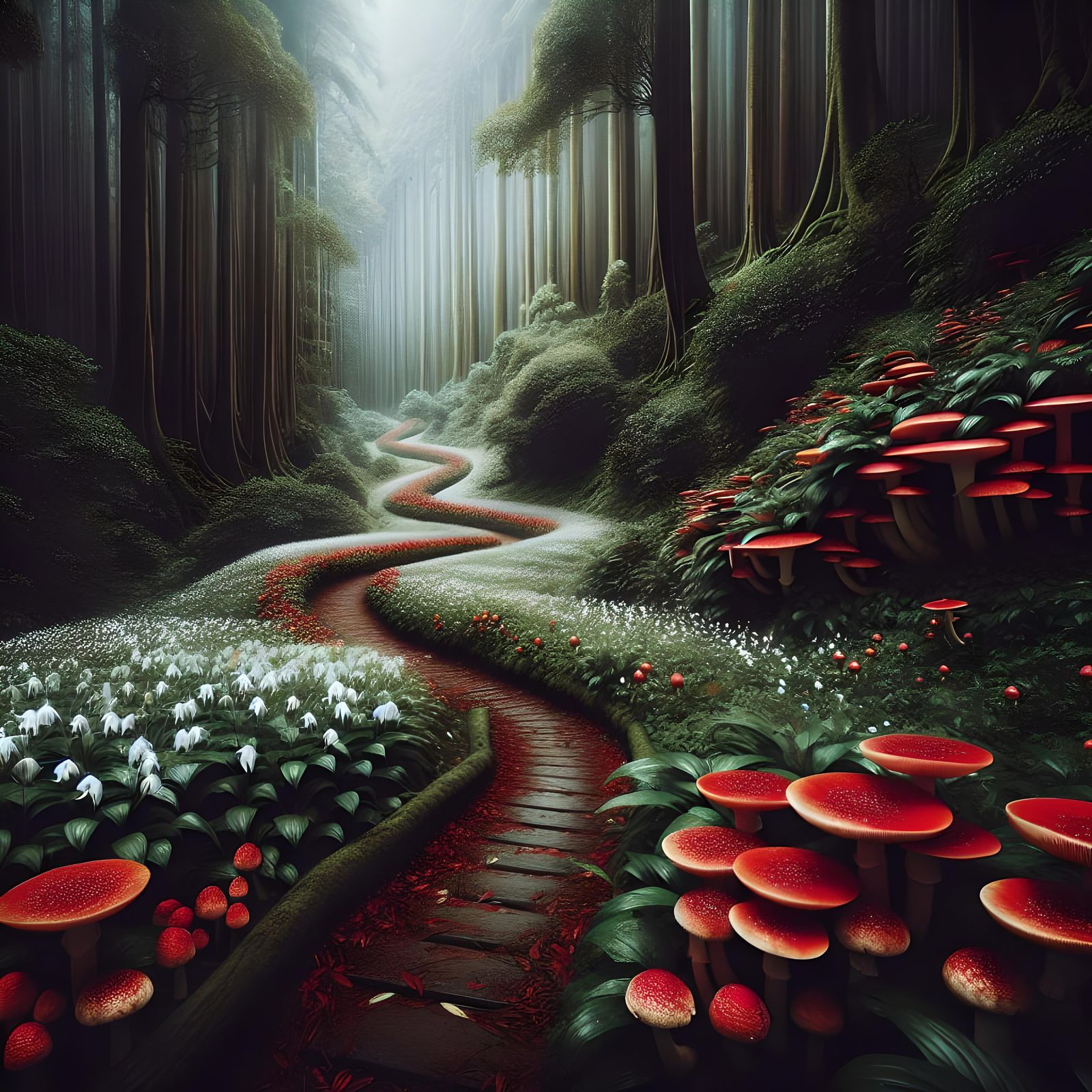 Enchanted Forest Path with Red Mushrooms