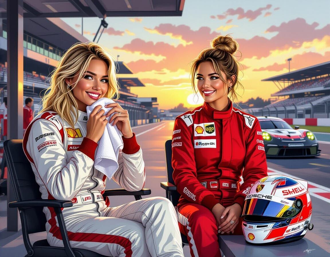 Porsche Race Drivers at Sunset in Hand-Drawn Style