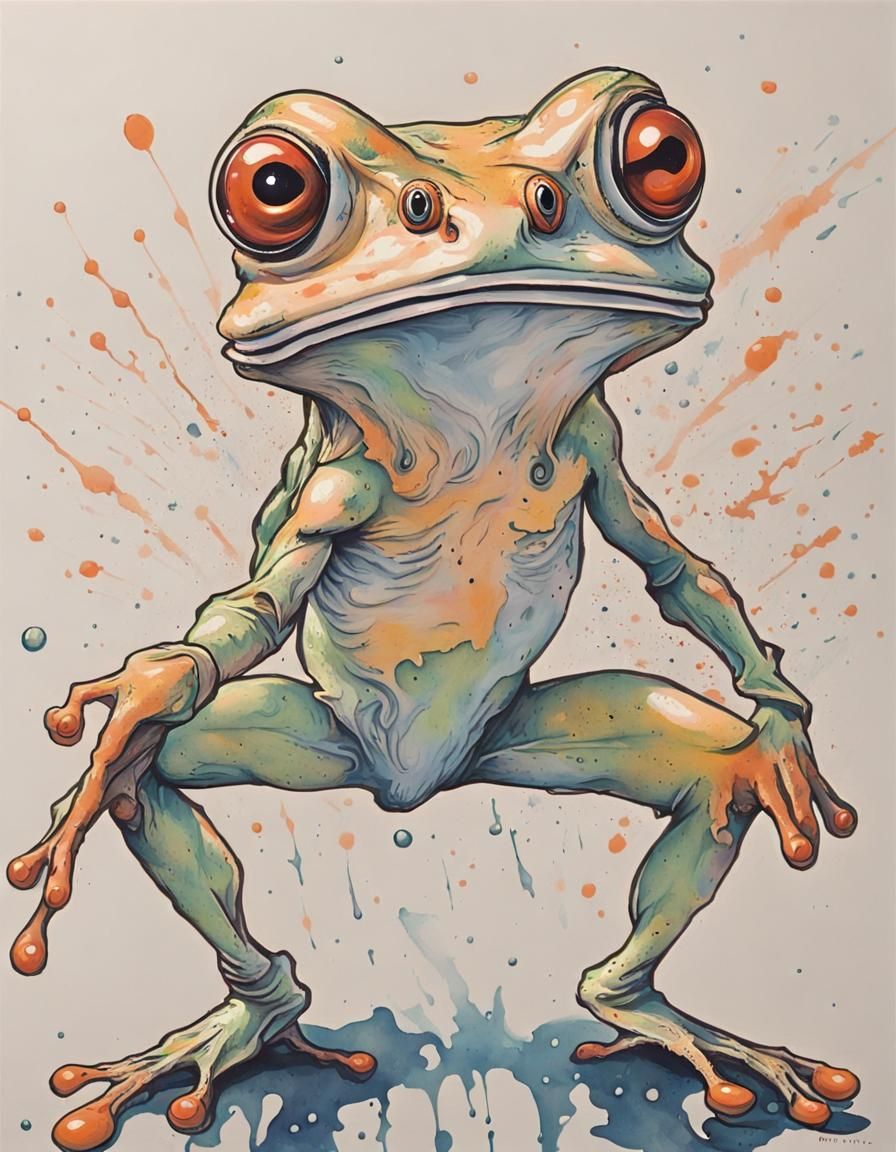 Gouache Screaming Chicken Frog Alien Hybrid Flying Object Creature from UFO, Apricot Live Light Splatter Poster art, Bri...