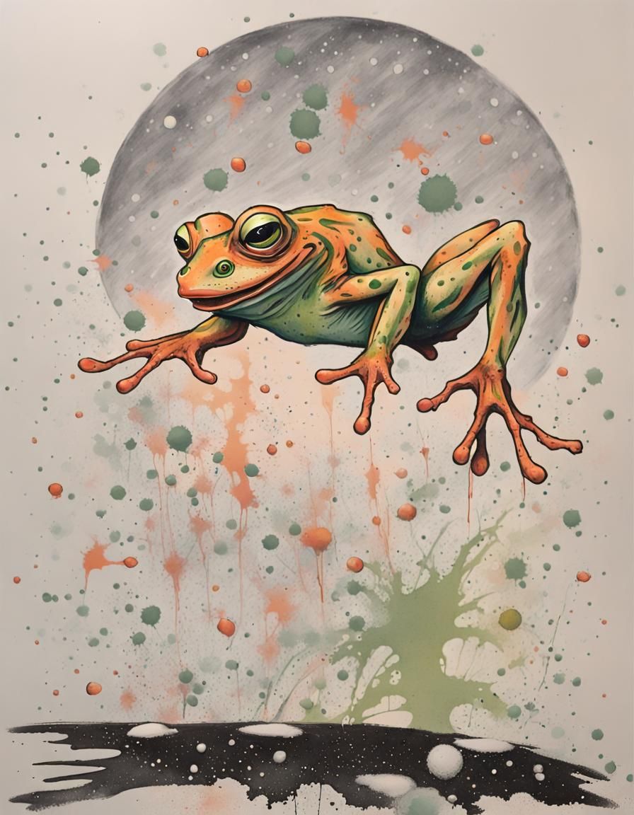 Gouache Screaming Chicken Frog Alien Hybrid Flying Object Creature from UFO, Apricot Live Light Splatter Poster art, Bri...