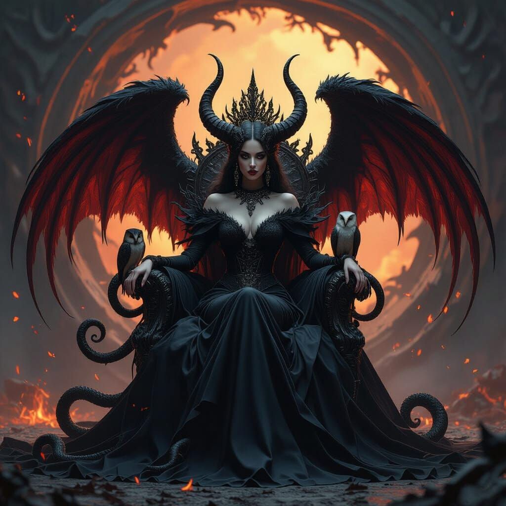 Gothic Queen on Throne with Crimson Wings and Serpents