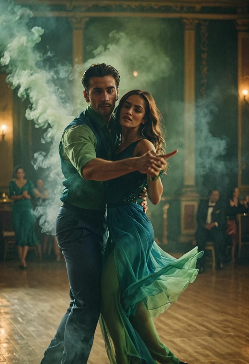 Cinematic Dancing Couple in Smoke-Filled Ballroom