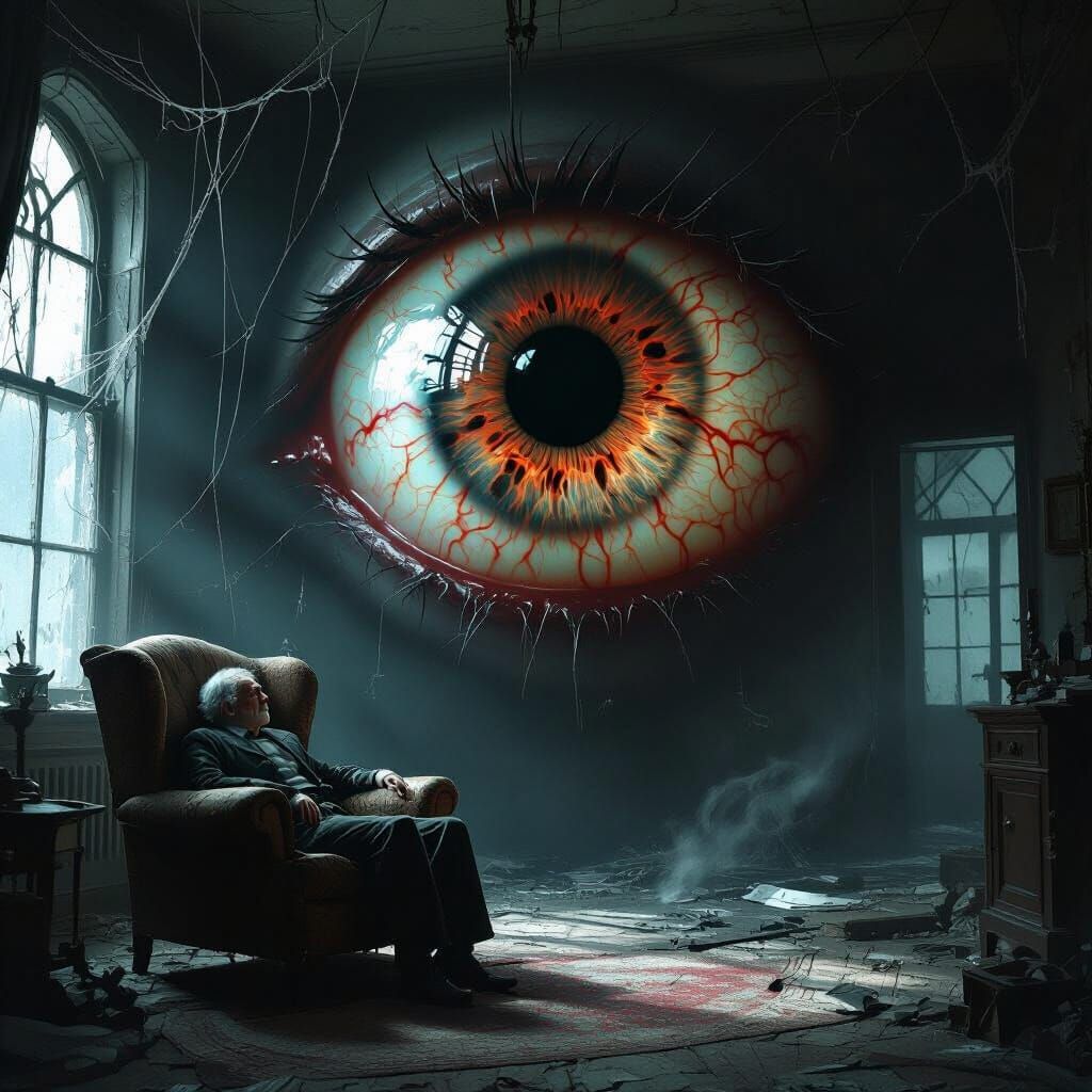 Giant Creepy Eye Watches Old Man Sleep in Haunted Mansion