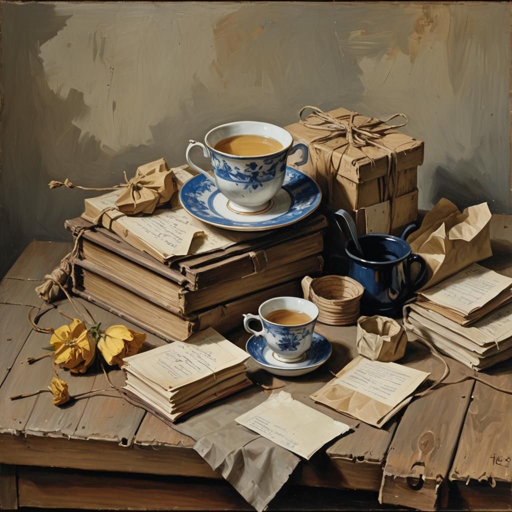 Vermeer-Style Still Life with Books and Teacup